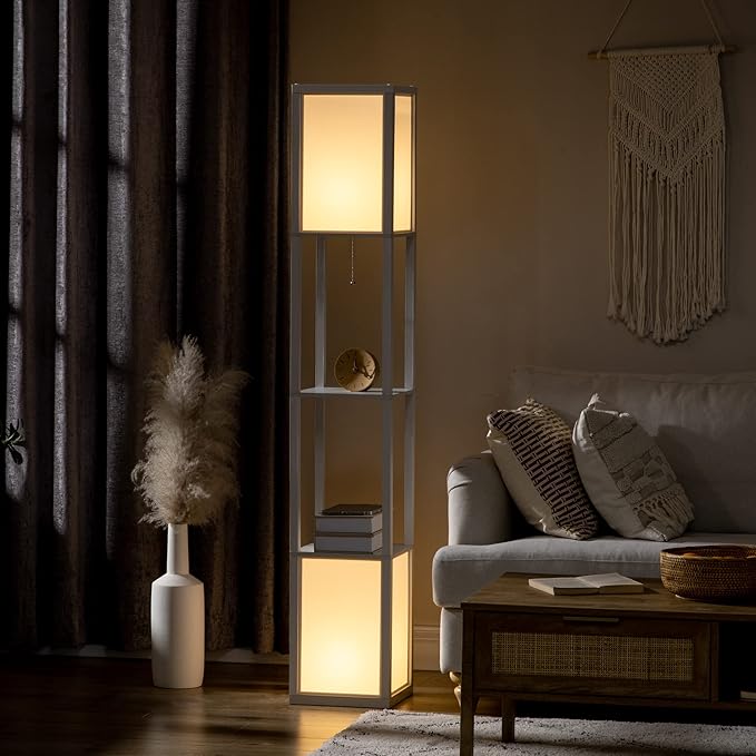 HOMCOM Modern Floor Lamp with Shelves & Dual Ambient Lighting, Tall Standing Lamp for Living Room, Bedroom with Fabric Lampshade (Bulb not Included), White - LeafyLoom