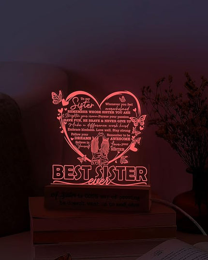 Sister Gifts from Sisters, to My Sister 3D Illusion Lamp, Best Sister Ever Acrylic Night Light, Sister Birthday Gifts from Brothers, Gift for Sister on Wedding Anniversary Christmas Valentine - LeafyLoom