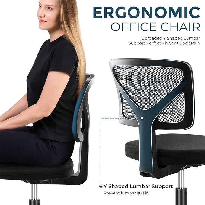 Home Office Computer Desk Chair Mid Back Armless Ergonomic Office Chair Mesh Office Chair with Lumbar Support Height Adjustable Swivel Task Rolling Modern Chair with Wheels for Office,Living Room - LeafyLoom