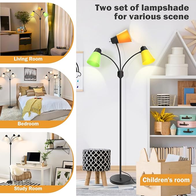 FOLKSMATE 3-Light Floor Lamp, LED Medusa Muiti-Head Adjustable Arc Standing Lamp, Gooseneck Tree Tall Light for Living Room, Kid Room, Bedroom, Black - LeafyLoom