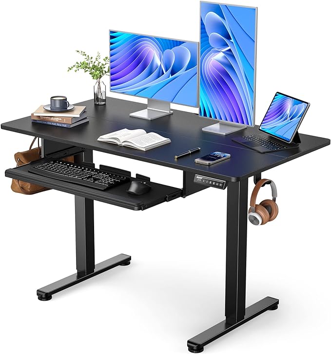 ErGear Electric Standing Desk with Full Size Keyboard Tray, Adjustable Height Sit Stand Up Desk, Home Office Desk Computer Workstation, 48x24 Inches, Black - LeafyLoom