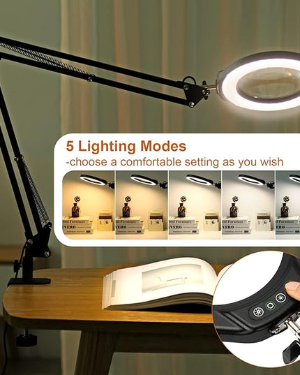 VEEMAGNI 5 Inch Large Magnifying Glass with Light and Stand, 5 Color Modes Stepless Dimmable, 2*16 Inch Swivel Arm LED Clamp Desk Lamp, Hands Free 10X Lighted Magnifier for Close Work Crafts Soldering - LeafyLoom
