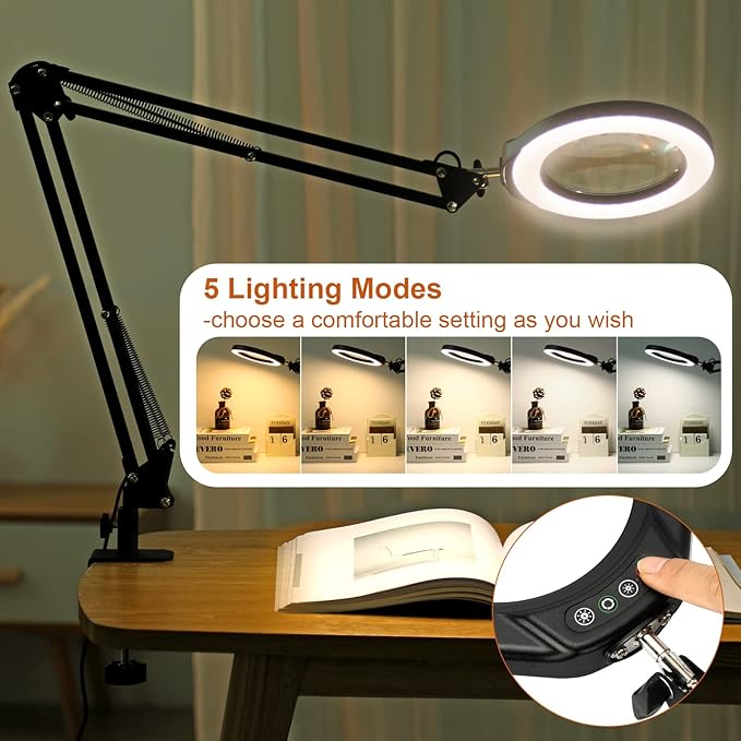 VEEMAGNI 5 Inch Large Magnifying Glass with Light and Stand, 5 Color Modes Stepless Dimmable, 2*16 Inch Swivel Arm LED Clamp Desk Lamp, Hands Free 10X Lighted Magnifier for Close Work Crafts Soldering - LeafyLoom