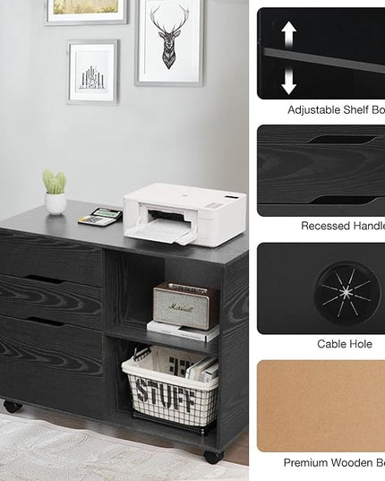 Sweetcrispy 3-Drawer File Cabinet, Lateral Mobile Filing Cabinet Wood Storage Organizer with Wheels, Printer Stand & Open Shelves for Home Office Under Desk Organization - Black - LeafyLoom