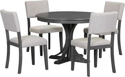 5 Piece Modern Round Dining Set, Including Solid Wood Curved Trestle Style Table Legs and 4 Upholstered Backrest Cushioned Chairs, for Kitchen, Living Room, Dark Gray+Brown - LeafyLoom