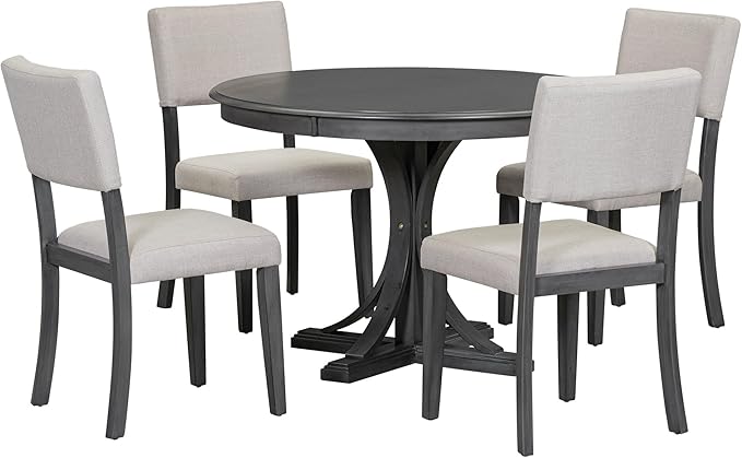 5 Piece Modern Round Dining Set, Including Solid Wood Curved Trestle Style Table Legs and 4 Upholstered Backrest Cushioned Chairs, for Kitchen, Living Room, Dark Gray+Brown - LeafyLoom