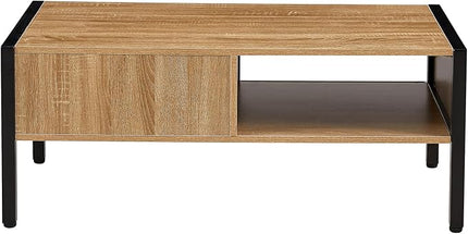Rattan Coffee Table 40 Inch Mid Century Modern Coffee Table with Storage, Industrial Metal Rectangle Wood Center Table with Rattan Sliding Door for Living Room, Natural - LeafyLoom