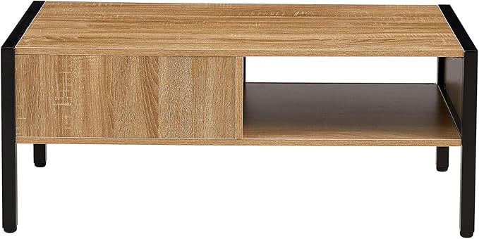 Rattan Coffee Table 40 Inch Mid Century Modern Coffee Table with Storage, Industrial Metal Rectangle Wood Center Table with Rattan Sliding Door for Living Room, Natural - LeafyLoom