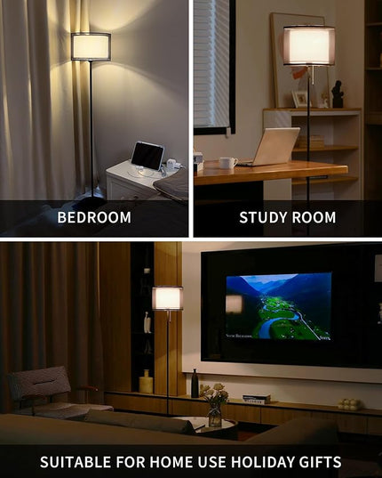 KDG Modern Floor Lamp for Living Room, Tall Standing Floor Lamp Corner Lighting, Fabric Lampshade LED Bulb Bright Pole Light, High Light for Bedroom, Reading, Office, Study Room, Warm Light(Black) - LeafyLoom