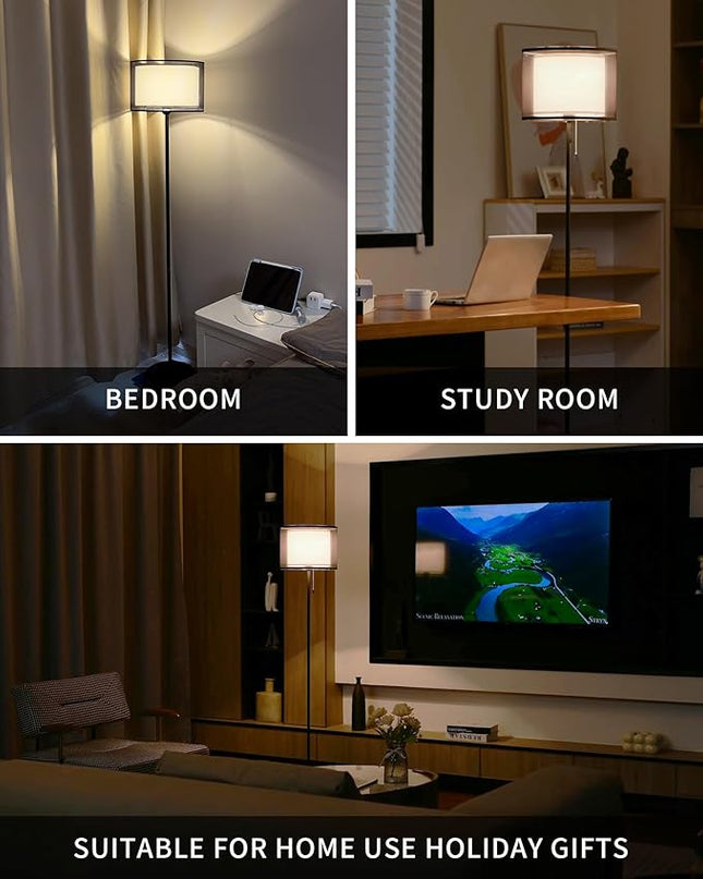 KDG Modern Floor Lamp for Living Room, Tall Standing Floor Lamp Corner Lighting, Fabric Lampshade LED Bulb Bright Pole Light, High Light for Bedroom, Reading, Office, Study Room, Warm Light(Black) - LeafyLoom