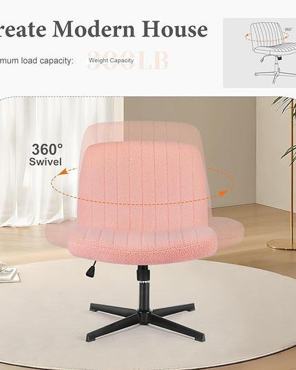Sweetcrispy Criss Cross Chair Legged, Armless Office Desk Chair No Wheels, Swivel Vanity Chair, Height Adjustable Wide Seat Computer Task Chair, Fabric Vanity Modern Home Chair Pink - LeafyLoom