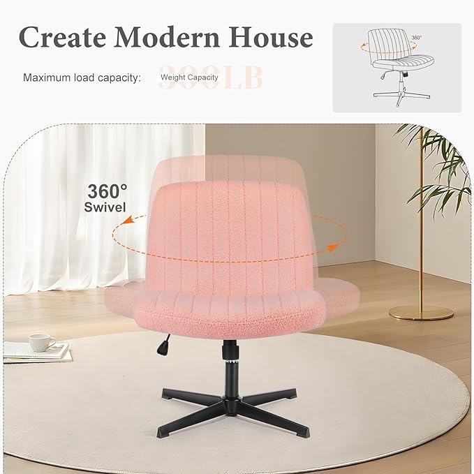Sweetcrispy Criss Cross Chair Legged, Armless Office Desk Chair No Wheels, Swivel Vanity Chair, Height Adjustable Wide Seat Computer Task Chair, Fabric Vanity Modern Home Chair Pink - LeafyLoom