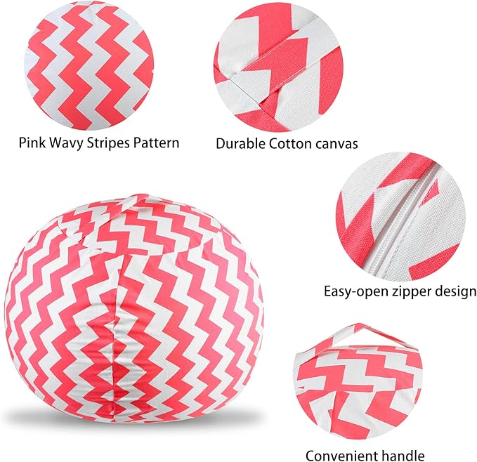 Stuffed Animal Storage Bean Bag Chairs Toy Storage Organizer Bean Bags Chair Cover for Kids 24" Cotton Canvas Beanbag with Zipper for Organizing Kid's and Adults Room and Adults, Pink wave - LeafyLoom