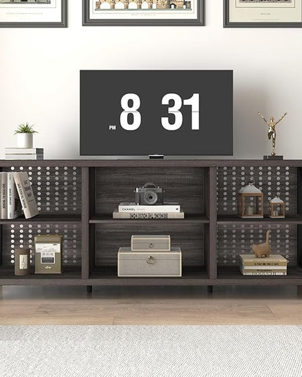 LVB TV Stand for 70 Inch TV, Rustic Industrial Entertainment Center, Large Television Stands for Living Bedroom, Long Wood Metal TV Table Stand with Media Console Cabinet Storage, Dark Gray Oak, 59 IN - LeafyLoom