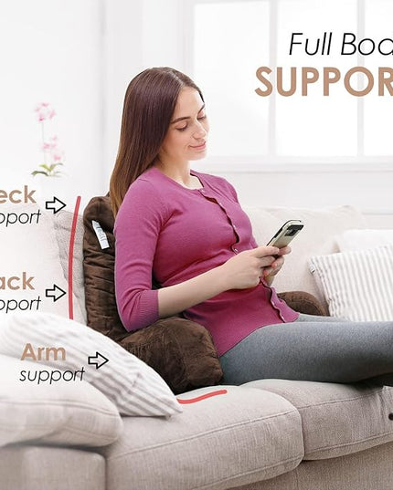 Nestl Reading Pillow with Portable Laptop Lap Desk, Velvet Feel Back Pillow for Sitting in Bed, Shredded Memory Foam Back Support Pillow for Bed, Bed Rest Pillow with Arms, Standard - Brown - LeafyLoom
