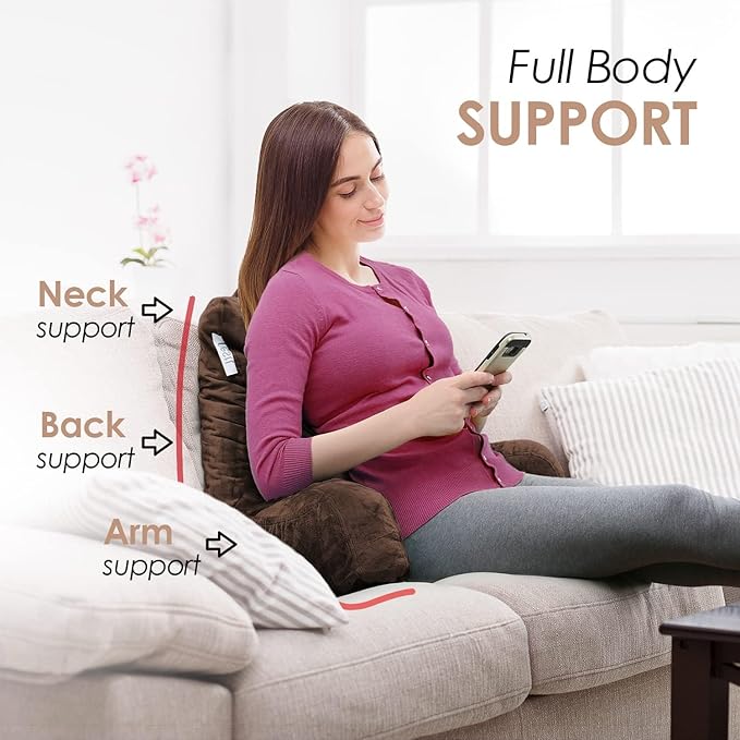 Nestl Reading Pillow with Portable Laptop Lap Desk, Velvet Feel Back Pillow for Sitting in Bed, Shredded Memory Foam Back Support Pillow for Bed, Bed Rest Pillow with Arms, Standard - Brown - LeafyLoom