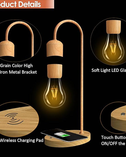 Magnetic Levitating Lamp with Wireless Phone Charging Pad Floating Light Bulb LED Night Light Wood Grain Table Lamp Levitation Desk Lamp for Office Home Decoration Christmas Gift - LeafyLoom