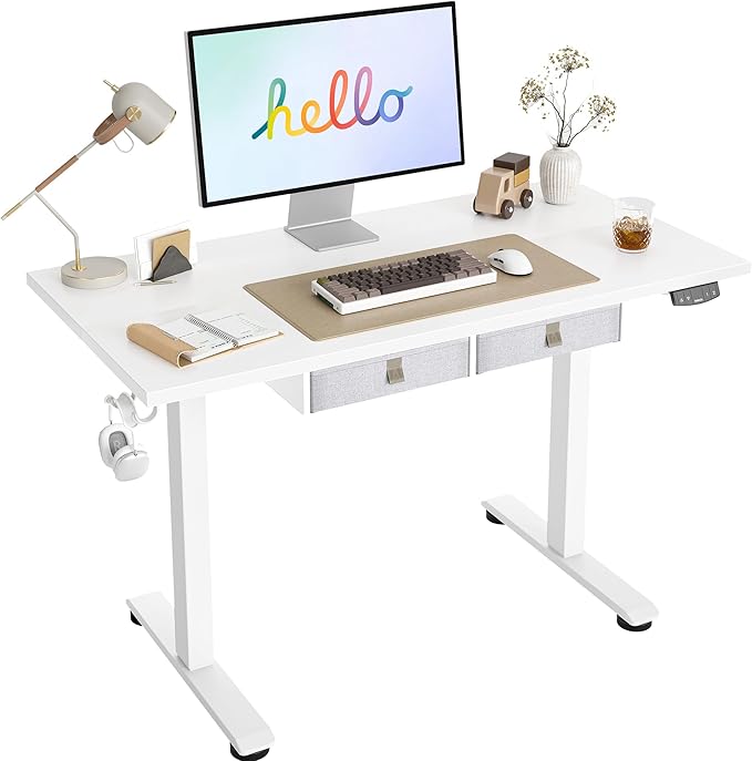 Standing Desk with 2 Drawers, Adjustable Height Electric Desk with Storage, 48 x 24 Inches Sit Stand Up Computer Table for Work Office Home, White - LeafyLoom