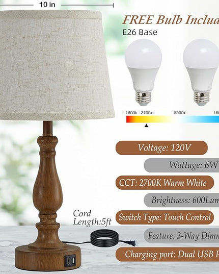 Classical Table Lamps for Bedrooms Set of 2 - Touch Bedside Lamps with Dual USB Ports, 3 Way Dimmable Nightstand Lamps for End Tables, Farmhouse Night Stand Lamps for Living Room Guest Room - LeafyLoom