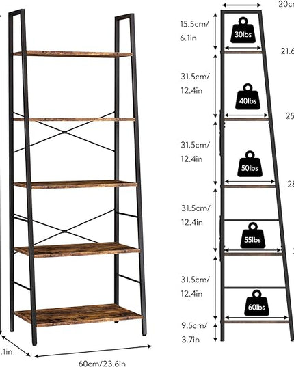 Yusong Bookshelf, Ladder Shelf 5-Tier Bookcase for Bedroom, Industrial Book Shelves Storage Rack with Metal Frame for Home Office, Rustic Brown - LeafyLoom