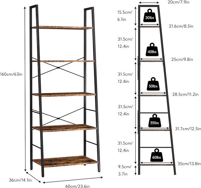 Yusong Bookshelf, Ladder Shelf 5-Tier Bookcase for Bedroom, Industrial Book Shelves Storage Rack with Metal Frame for Home Office, Rustic Brown - LeafyLoom