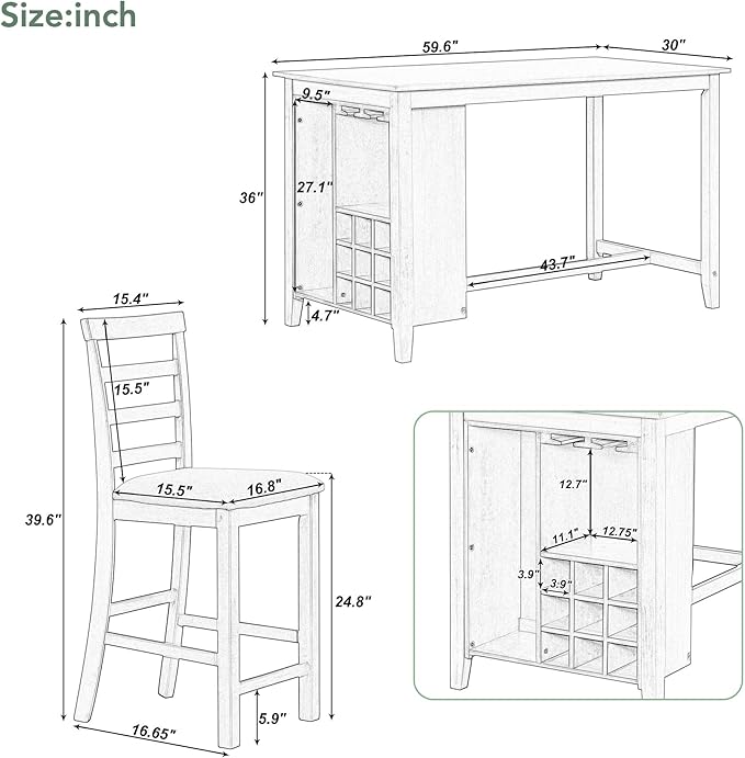 RITSU Modern 5-Piece Dining Set, Multi-Functional Counter Height Dinette Suit with Padded Chairs and Integrated 9 Bar Wine Compartment, Wineglass Holders for Home Kitchen, Gray-1 - LeafyLoom