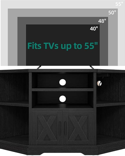 YITAHOME Corner TV Stand, Entertainment Center, Farmhouse TV Stand 55 inch TV w/Power Outlet, TV Stand for Living Room w/Adjustable Storage Shelf, Television Stands for Living Room, Black - LeafyLoom