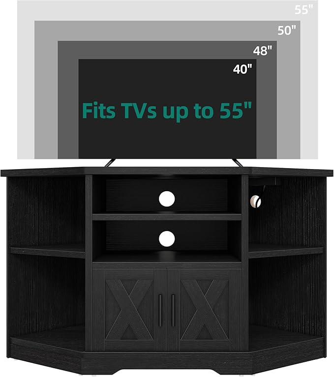 YITAHOME Corner TV Stand, Entertainment Center, Farmhouse TV Stand 55 inch TV w/Power Outlet, TV Stand for Living Room w/Adjustable Storage Shelf, Television Stands for Living Room, Black - LeafyLoom