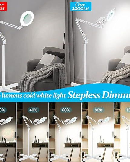 10X Magniyfing Floor Lamp with 4 Wheel Rolling Base for Estheticians 2,200 Lumens LED Magnifier Lighted Glass Lens, Adjustable Stand & Swivel Arm Floor Lamp for Reading, Crafts, Tasks-White - LeafyLoom