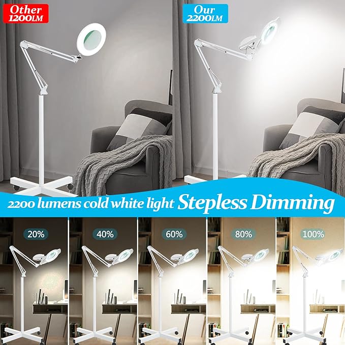 10X Magniyfing Floor Lamp with 4 Wheel Rolling Base for Estheticians 2,200 Lumens LED Magnifier Lighted Glass Lens, Adjustable Stand & Swivel Arm Floor Lamp for Reading, Crafts, Tasks-White - LeafyLoom