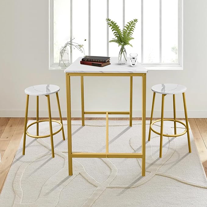AT-VALY 3-Piece Bar Table Set with 2 Stools,Dining Room Table Set,Small Spaces (Gold) - LeafyLoom
