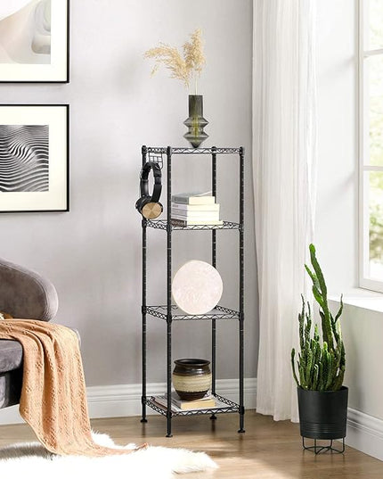 SONGMICS 4-Tier Bathroom Shelf, Storage Rack for Small Space, with 4 PP Shelf Liners, Removable Hook, Extendable Design, Ink Black and Translucent ULGR104B01 - LeafyLoom