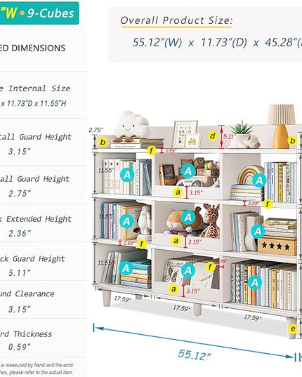 Wooden Cube Bookcase with Legs - 3-Tier Open Shelf Kidsroom Sorted Storage Cabinet Organizer for Books and Toys, 9-Cube Lattice Cute Cubby Bookshelf in Pearl White, 55" W - LeafyLoom