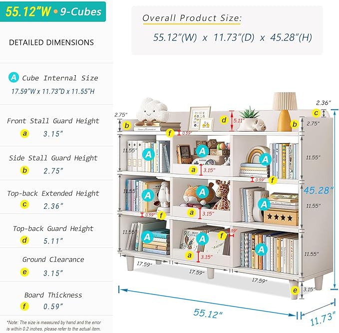Wooden Cube Bookcase with Legs - 3-Tier Open Shelf Kidsroom Sorted Storage Cabinet Organizer for Books and Toys, 9-Cube Lattice Cute Cubby Bookshelf in Pearl White, 55" W - LeafyLoom