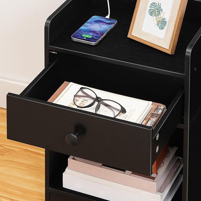 HOOBRO Nightstand with Charging Station, End Table with Drawer and Opening Shelf, Side Table with USB Ports and Outlets, Bedside Table for Bedroom, Small Night Stand Simple Style, Black BK18UBZ01 - LeafyLoom