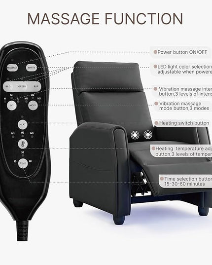 Recliner Chair for Adults PU Leather Push Back Armchair with 4 Colors Ambient Lighting Home Theater Seating with Massage & Heat Vibration Single Sofa for Living Room, Black - LeafyLoom