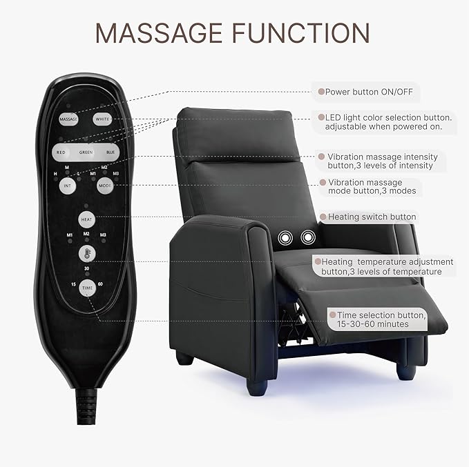 Recliner Chair for Adults PU Leather Push Back Armchair with 4 Colors Ambient Lighting Home Theater Seating with Massage & Heat Vibration Single Sofa for Living Room, Black - LeafyLoom