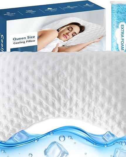 Cooling Side Sleeper Pillow for Neck and Shoulder Pain, Adjustable Shredded Memory Foam Bed Pillows for Sleeping, Ergonomic Curved Pillow with Extra Foam, Queen Size, Hypoallergenic Washable Cover - LeafyLoom
