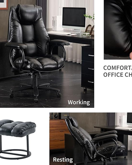 Office Chair Big and Tall, Ergonomic Office Chair 400lbs, Office Desk Chair with Ottoman, High Back Executive Office Chair, Adjustable Home Office Chair, Computer Chair PU Leather (Black) - LeafyLoom