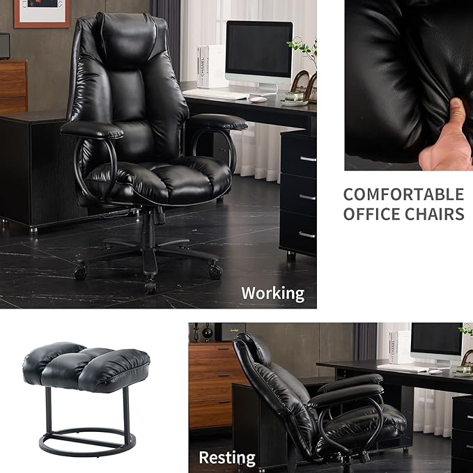 Office Chair Big and Tall, Ergonomic Office Chair 400lbs, Office Desk Chair with Ottoman, High Back Executive Office Chair, Adjustable Home Office Chair, Computer Chair PU Leather (Black) - LeafyLoom