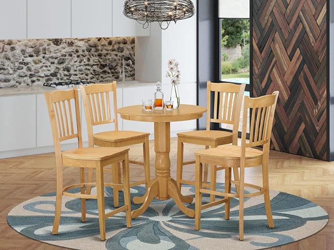 East West Furniture EDGR5-OAK-W Eden 5 Piece Kitchen Counter Set Includes a Round Room Table with Pedestal and 4 Dining Chairs, 30x30 Inch, Oak - LeafyLoom