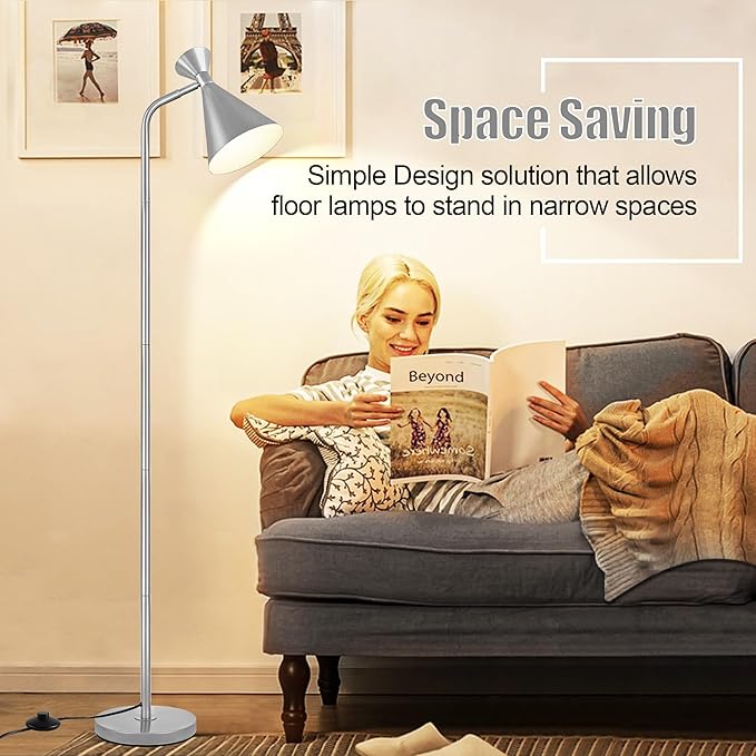 PARTPHONER Floor Lamp for Living Room, Modern Adjustable Metal Heads Standing Lamps, Simple Design Silver Floor Lamp with Foot Switch for Bedroom, Office, Kids Room, Reading, Working(Bulb Not Include) - LeafyLoom
