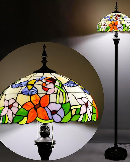 WERFACTORY Tiffany Floor Lamp Hummingbird Amber Stained Glass Standing Reading Light 16X16X64 Inches Antique Pole Corner Lamp Decor Bedroom Living Room Home Office S101 Series - LeafyLoom