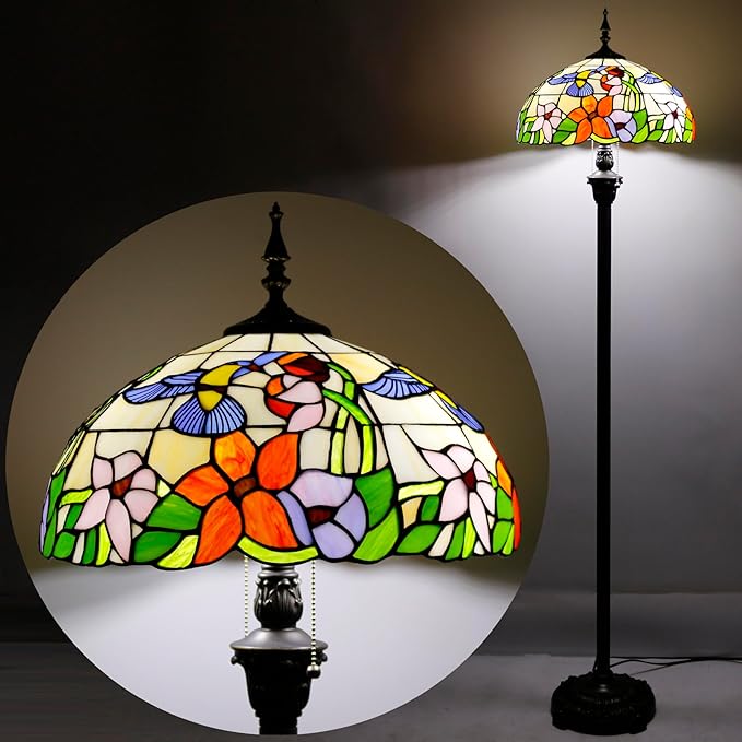 WERFACTORY Tiffany Floor Lamp Hummingbird Amber Stained Glass Standing Reading Light 16X16X64 Inches Antique Pole Corner Lamp Decor Bedroom Living Room Home Office S101 Series - LeafyLoom