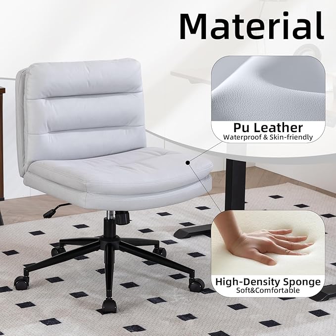 Armless Office Chair with Wheels Wide Desk Chair Leather Mid Back Accent Chair Padded Swivel Vanity Chair for Girl Women Computer Task Chair for Home Office (Suede Fabric, Light Grey) - LeafyLoom
