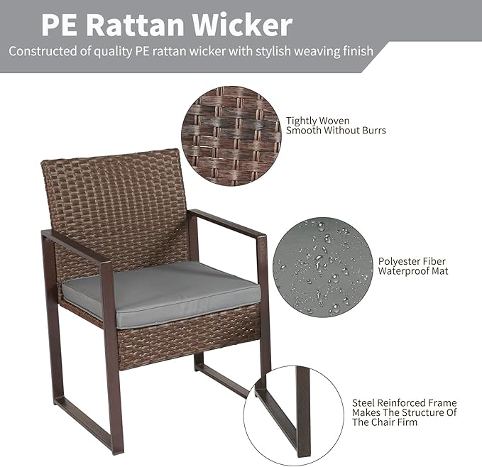 3 Pieces Patio Furniture Set Outdoor Wicker Bistro set Rattan Chair Conversation Sets with Coffee Table for Porch, Balcony,Garden,Backyard and Removable Cushions Grey - LeafyLoom