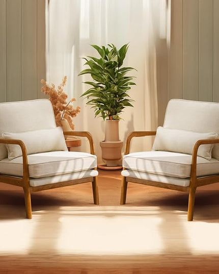 Bonnlo Beige Accent Chairs Set of 2, Upholstered Mid Century Modern Lounge Fabric Chairs Reading Chairs Side Sitting Chair Solid Wood Farmhouse Armchairs for Living Room, Bedroom, Guest Room - LeafyLoom