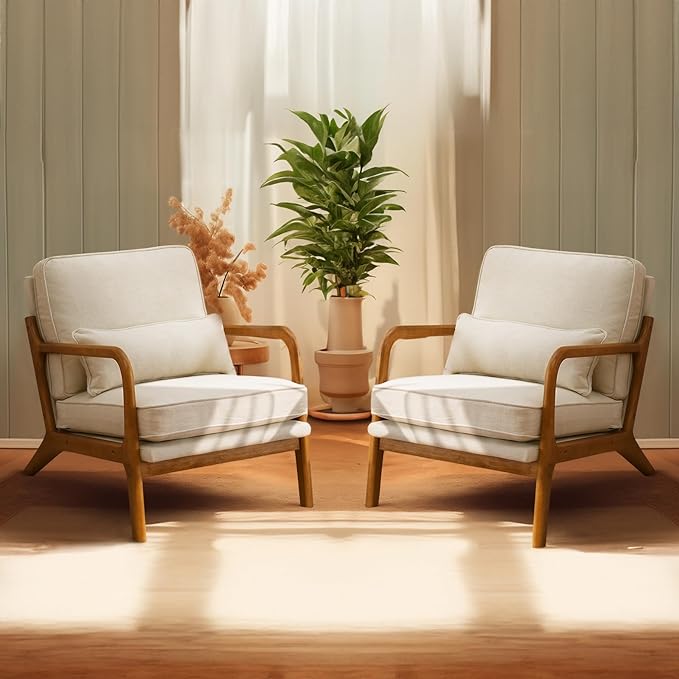 Bonnlo Beige Accent Chairs Set of 2, Upholstered Mid Century Modern Lounge Fabric Chairs Reading Chairs Side Sitting Chair Solid Wood Farmhouse Armchairs for Living Room, Bedroom, Guest Room - LeafyLoom