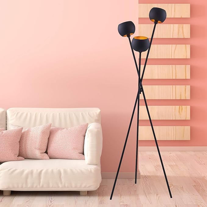 Tripod Floor Lamp - Black Modern Floor Lamp with 3 Matte Black Globe Head & Interwining Tripod Legs Perfect for Mid-Century Living Room and Bedroom - LeafyLoom