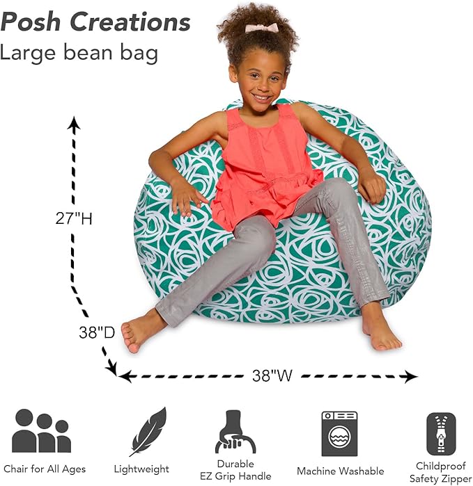 Posh Creations Bean Bag Chair for Kids, Teens, and Adults Includes Removable and Machine Washable Cover, 38in - Large, Canvas Roses Mint - LeafyLoom
